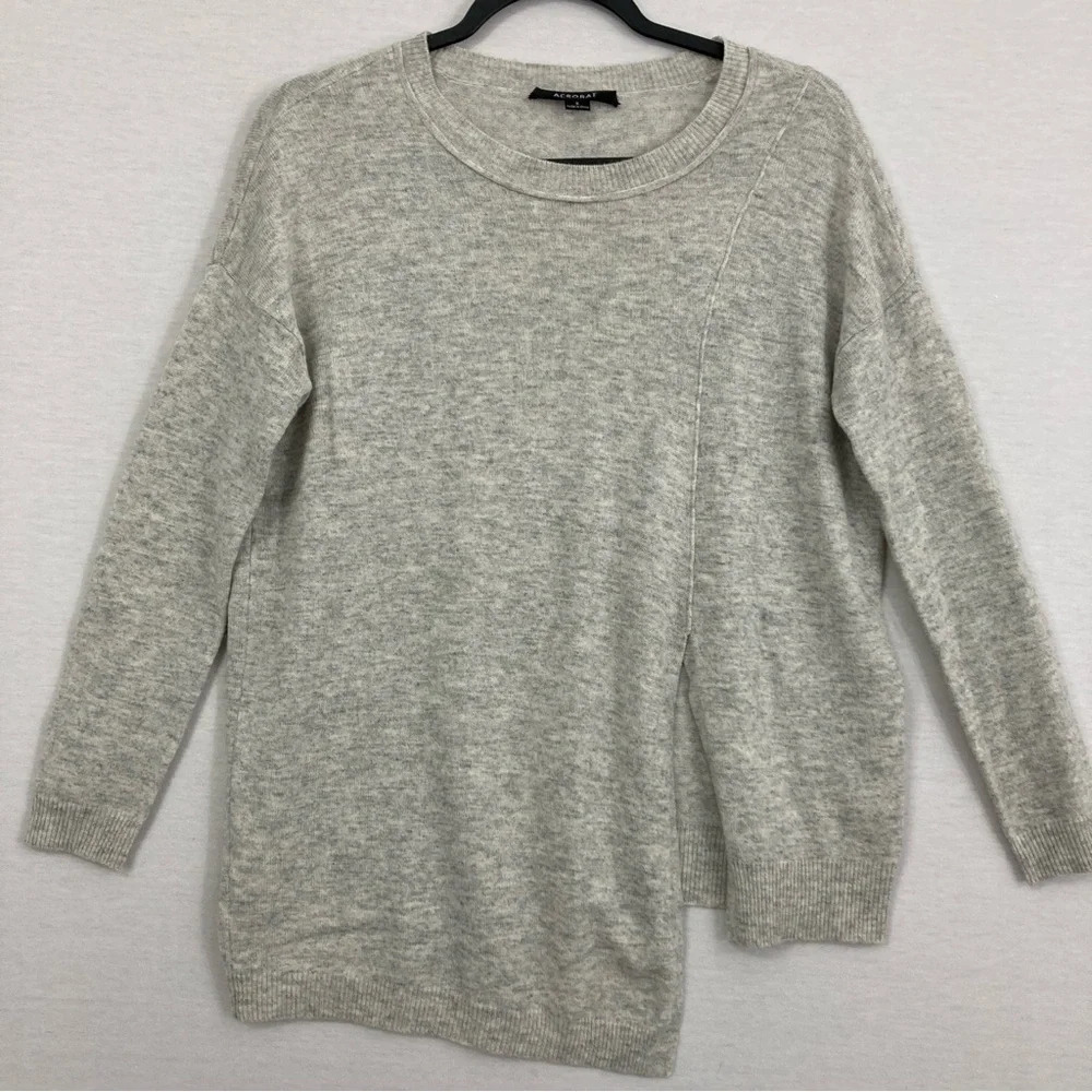 Acrobat Light Gray Wool Cashmere Crew Neck Asymmetric Slit Front Sweater Small